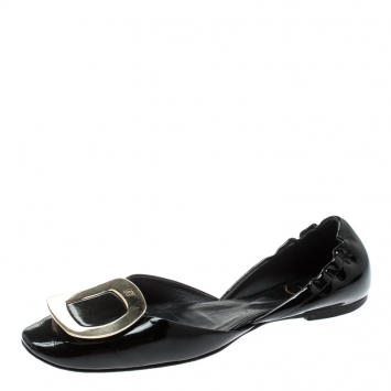 Pre Owned Roger Vivier Black Patent Leather Chips D'orsay Buckle Flats Size 37