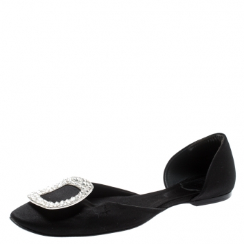 Pre Owned Roger Vivier Black Satin Chips Prism Studded Flats Size 38