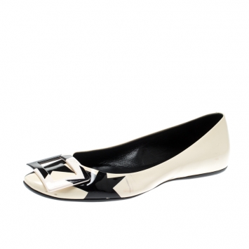 Pre Owned Roger Vivier Black And White Leather Buckle Detail Square Cap Toe Ballet Flats 37.5