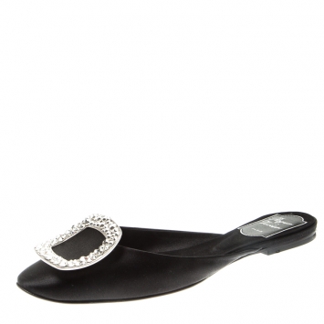 Pre Owned Roger Vivier Black Satin Crystal Embellished Flat Slide Mules Size 36.5