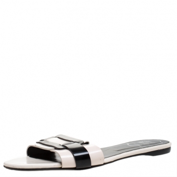 Pre Owned Roger Vivier Cream/Black Leather Pilgrim De Jour Flat Slides Size 39