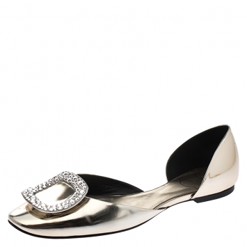 Pre Owned Roger Vivier Metallic Gold Leather Crystal Embellished D'orsay Ballet Flats Size 38