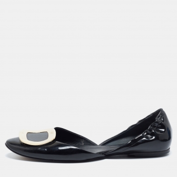 Pre Owned Roger Vivier Black Patent Leather Chips D'Orsay Buckle Flats Size 39