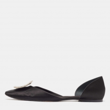 مملوكة مسبقًا Roger Vivier Black Satin Chip Strass D'orsay Flats Size 42