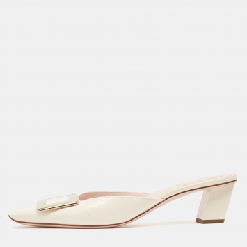 Pre Owned Roger Vivier Cream Patent Leather Belle Vivier  Mules Size 39