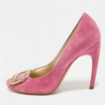 مملوكة مسبقًا Roger Vivier Pink Suede Chain Buckle Round Toe Pumps Size 39