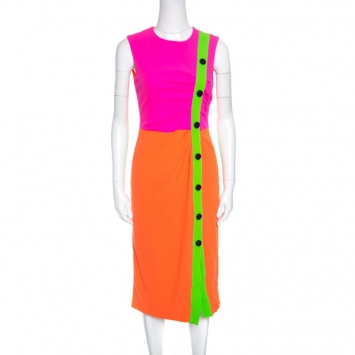 Pre Owned Roksanda Ilincic Neon Colorblock Wool Crepe Sleeveless Etting Dress M