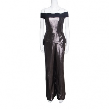 Pre Owned Roland Mouret Metallic Jacquard Off Shoulder Danielson Peplum Jumpsuit L