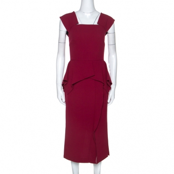 Pre Owned Roland Mouret Burgundy Wool Crepe Peplum Sawleigh Dress M