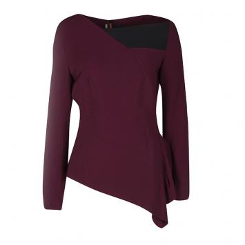 Pre Owned Roland Mouret Burgundy Contrast Trim Long Sleeve Asymmetric Top L