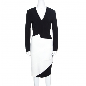 Pre Owned Roland Mouret Monochrome Wool Colorblock V Neck Shift Dress L