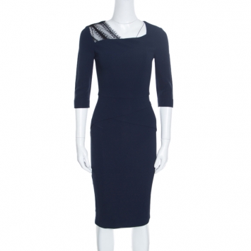 Pre Owned Roland Mouret Navy Blue Stretch Lace Detail Ingram Sheath Dress S