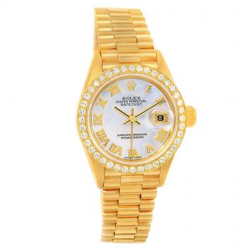 Pre Owned Rolex Mother of Pearl 18K Yellow Gold Diamonds President Datejust Women's Wristwatch 26MM