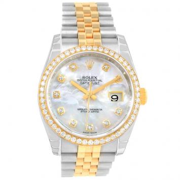 Pre Owned Rolex Mother of Pearl 18K Yellow Gold and Stainless Steel Diamond Datejust Women's Wristwatch 36MM