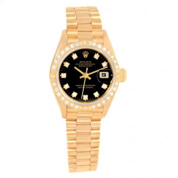 Pre Owned Rolex Black 18K Yellow Gold Diamond President Datejust Women's Wristwatch 26MM