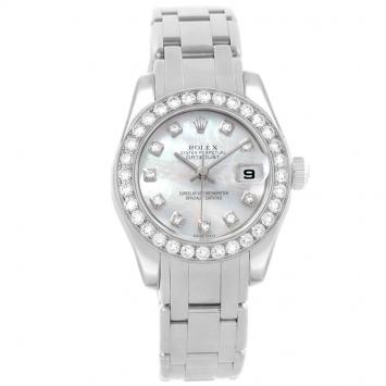 Pre Owned Rolex MOP 18K White Gold Diamond Pearlmaster Women's Wristwatch 29MM