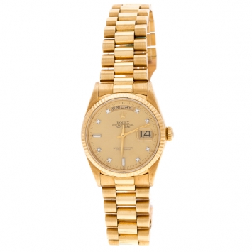 Pre Owned Rolex Diamond 18k Yellow Gold Day Date President Women's Wristwatch 35MM