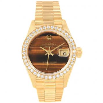 مملوكة مسبقًا Rolex Tiger Eye 18K Yellow Gold Diamond President Datejust Women's Wristwatch 26MM