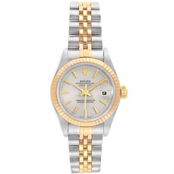 Pre Owned Rolex Silver Tapestry 18K Yellow Gold and Stainless Steel Datejust 69173 Women's Wristwatch 26MM