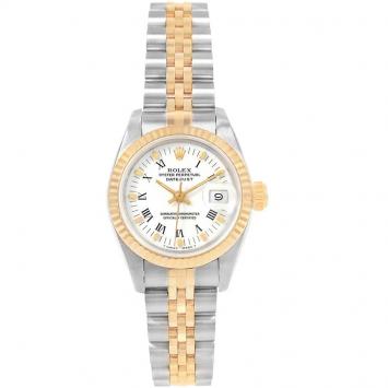 Pre Owned Rolex White 18K Yellow Gold and Stainless Steel Datejust 69173 Women's Wristwatch 26MM