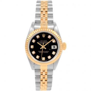 Pre Owned Rolex Black 18K Yellow Gold and Stainless Steel Datejust 79173 Women's Wristwatch 26MM