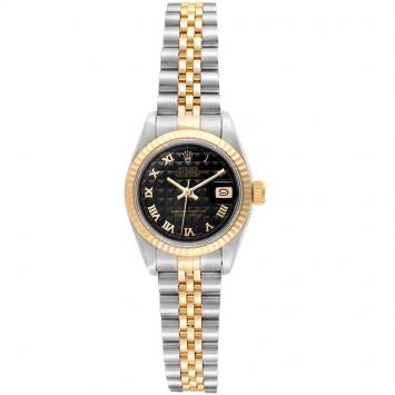 Pre Owned Rolex Black Pyramid 18K Yellow Gold and Stainless Steel Datejust 69173 Women's Wristwatch 26MM