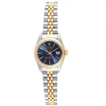 Pre Owned Rolex Blue 18K Yellow Gold Stainless Steel Datejust 69173 Women's Wristwatch 26 MM