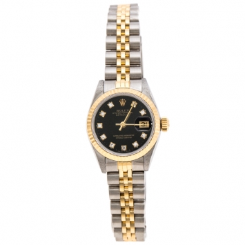 Pre Owned Rolex Black 18K Yellow Gold Stainless Steel Diamonds Datejust 69173 Women's Wristwatch 26 mm