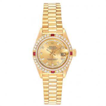 Pre Owned Rolex Champagne Diamonds And Ruby 18K Yellow Gold President Datejust 69068 Women's Wristwatch 26 MM
