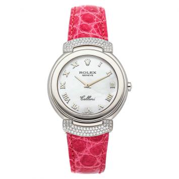 Pre Owned Rolex MOP Diamonds 18K White Gold Cellini Cellissima 6682/9 Women's Wristwatch 33 MM