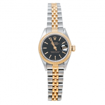 Pre Owned Rolex Black 18K Yellow Gold Stainless Steel Datejust 69173 Women's Wristwatch 26 mm