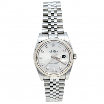 Pre Owned Rolex Silver Diamond 18k White Gold Stainless Steel Datejust 116234 Women's Wristwatch 36 mm