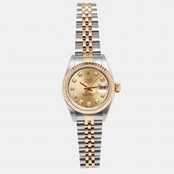Pre Owned Rolex Champagne Diamonds 18K Yellow Gold Stainless Steel Datejust 69173 Women's Wristwatch 26 MM