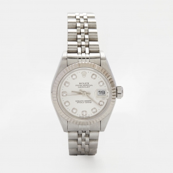 Pre Owned Rolex Silver Diamond 18k White Gold Stainless Steel Datejust 79174 Women's Wristwatch 26 mm 