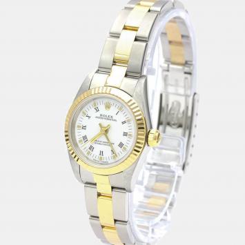 Pre Owned Rolex White 18k Yellow Gold And Stainless Steel Oyster Perpetual 76193 Automatic Women's Wristwatch 24 mm