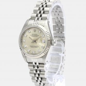 Pre Owned Rolex Silver Diamond 18k White Gold And Stainless Steel Datejust 69174 Automatic Women's Wristwatch 26 mm