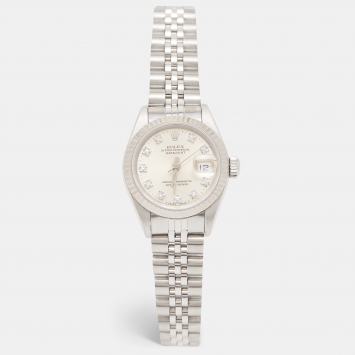 Pre Owned Rolex Silver 18K White Gold Stainless Steel Diamond Datejust 69174 Women's Wristwatch 26 mm
