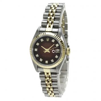 Pre Owned Rolex Champagne Red 18K Yellow Gold and Stainless Steel Datejust 69173 Women's Wristwatch 26 MM
