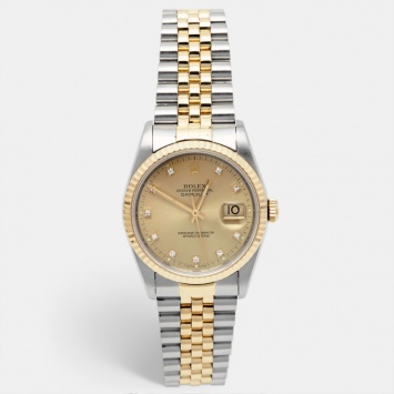 Pre Owned Rolex Champagne Diamond 18K Yellow Gold Stainless Steel Datejust 16233 Unisex Wristwatch 36 mm