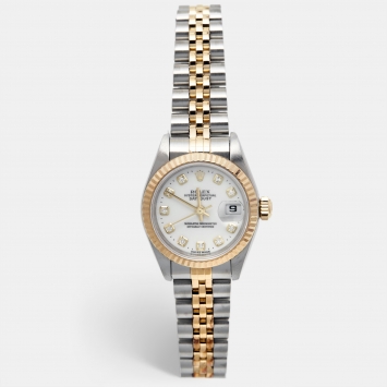 Pre Owned Rolex White Diamond 18k Yellow Gold Stainless Steel Datejust 69173 Women's Wristwatch 26 mm