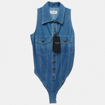 Pre Owned Saint Laurent Blue Denim Button Front Bodysuit S