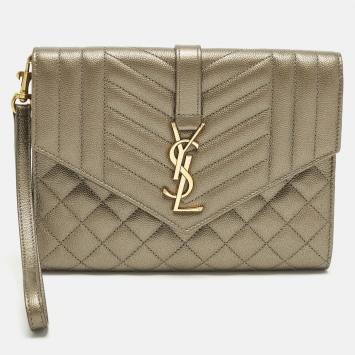 Pre Owned Saint Laurent Monogram Envelope Metallic Mixed Matelasse Leather Clutch
