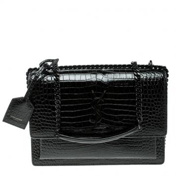 Pre Owned Saint Laurent Black Croc Embossed Leather Medium Sunset Shoulder Bag