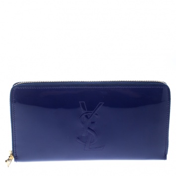 Pre Owned Saint Laurent Paris Blue Patent Leather Zip Around Wallet