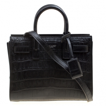 Pre Owned Saint Laurent Black Croc Embossed Leather Nano Classic Sac De Jour Tote