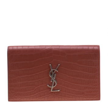 Pre Owned Saint Laurent Red Croc Embossed Leather Monogram Clutch 