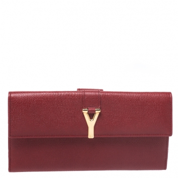Pre Owned Saint Laurent Paris Red Leather Y-Ligne Flap Wallet