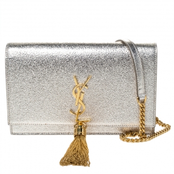 Pre Owned Saint Laurent Gold Crackled Leather Kate Tassel Wallet on Chain 