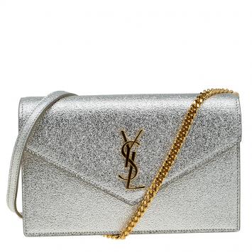 Pre Owned Saint Laurent Paris Silver Textured Leather Envelope Chain Wallet Bag  