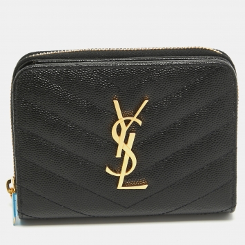 Pre Owned Saint Laurent Black Matelassé Leather Cassandre Compact Wallet